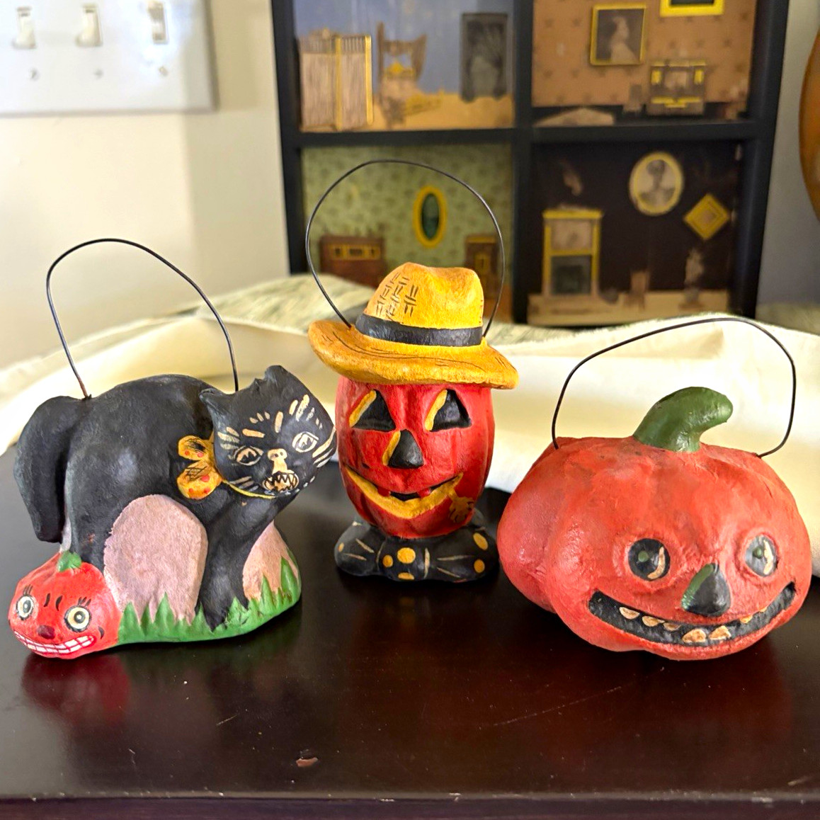3pc vintage Hand Painted Papier Mache Halloween Black Cat Jack-o'-lantern