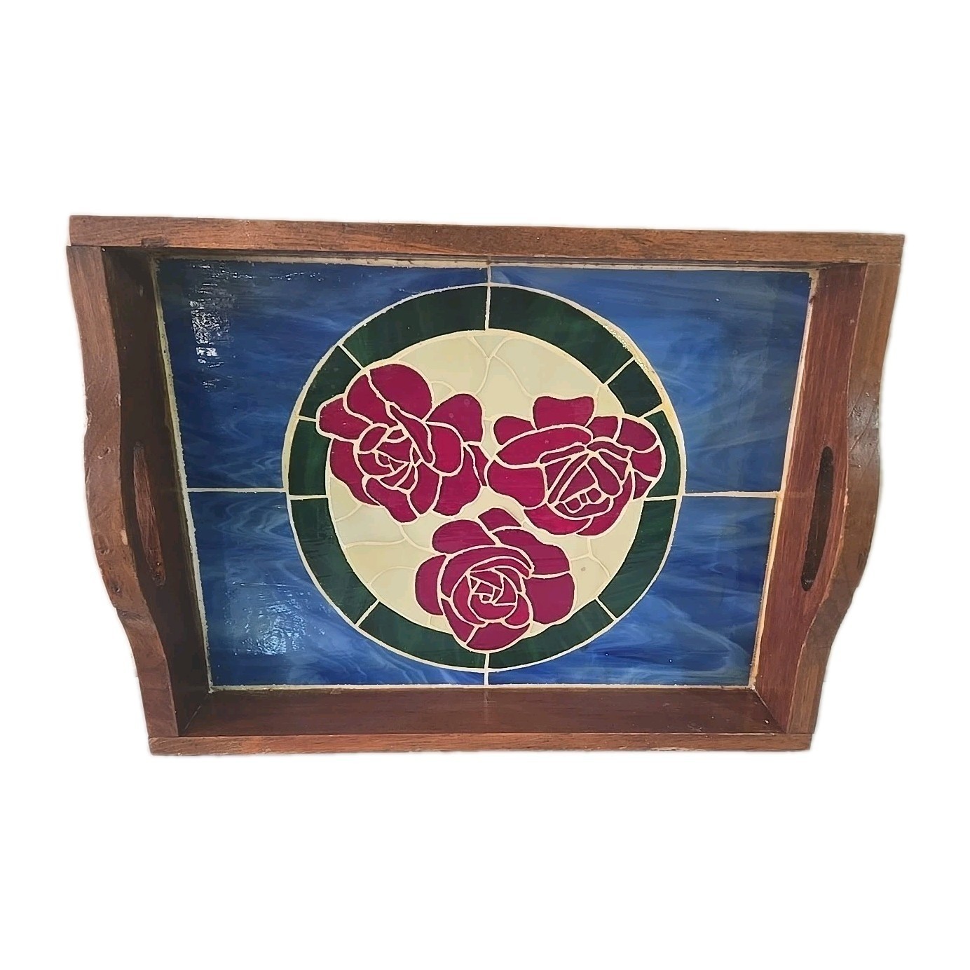 Vtg Mid Century Wood Serving Tray Stained Glass Rose Inlay MCM Boho Retro Decor