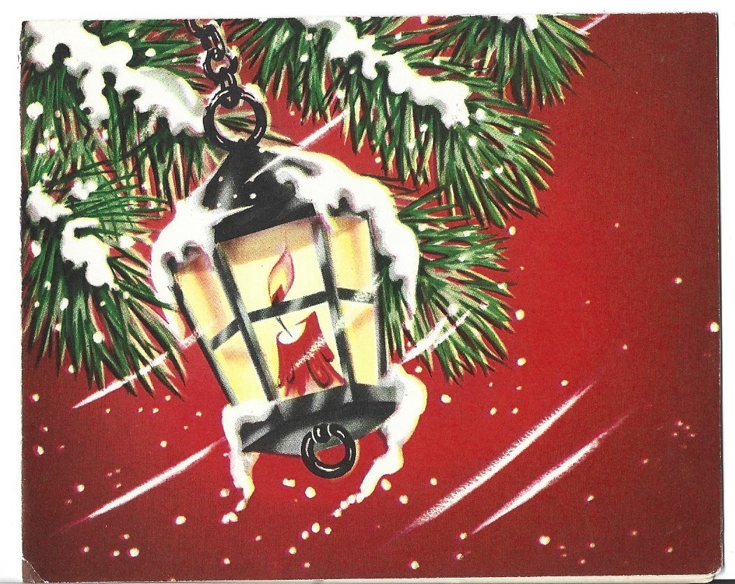 VTG CHRISTMAS CARD 5X4 RED CARD WITH BLACK LANTERN SWINGING FROM PINE TREE