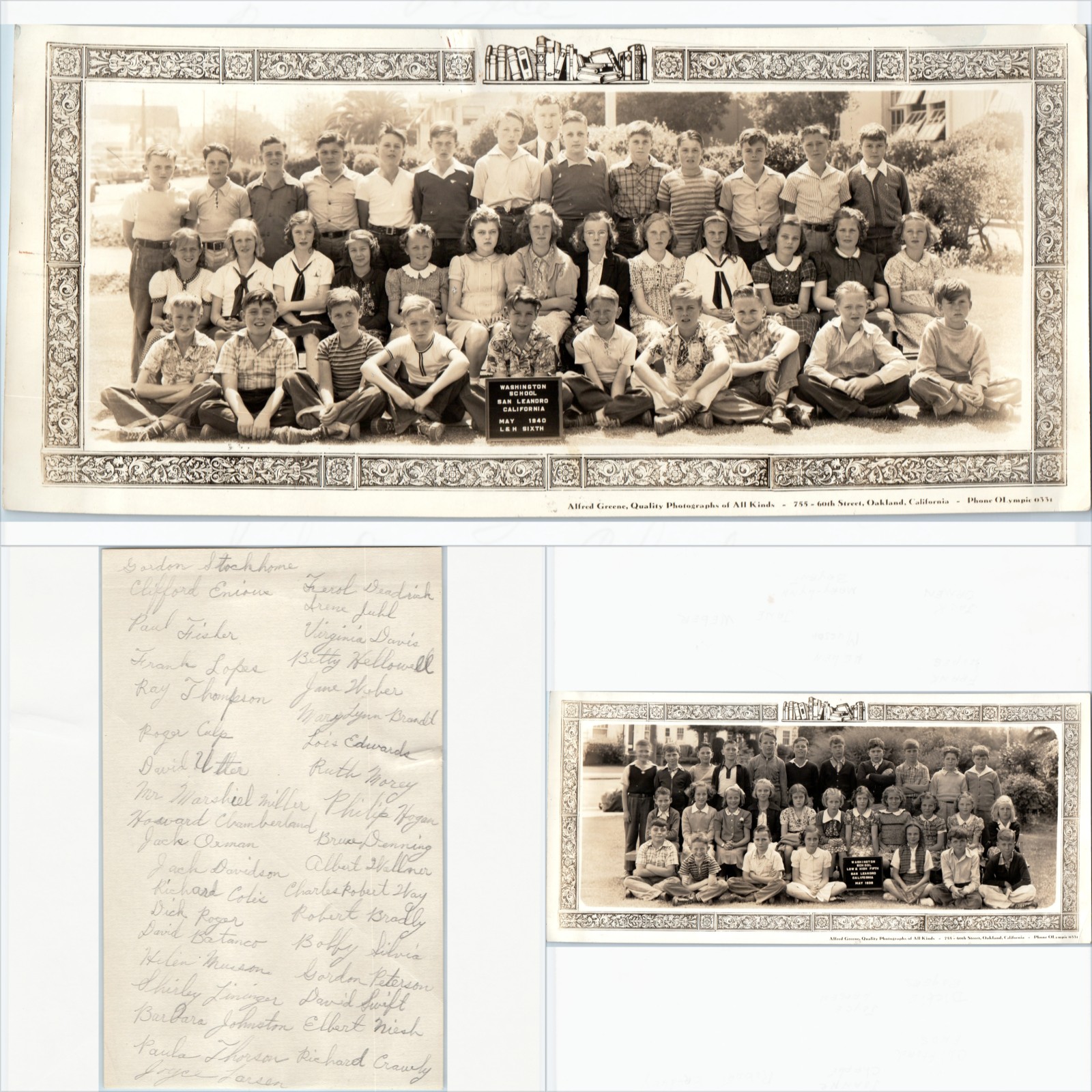ID'd x2 LOT 1939 1940 San Leandro, CA Washington School Panoramic Photos Roster