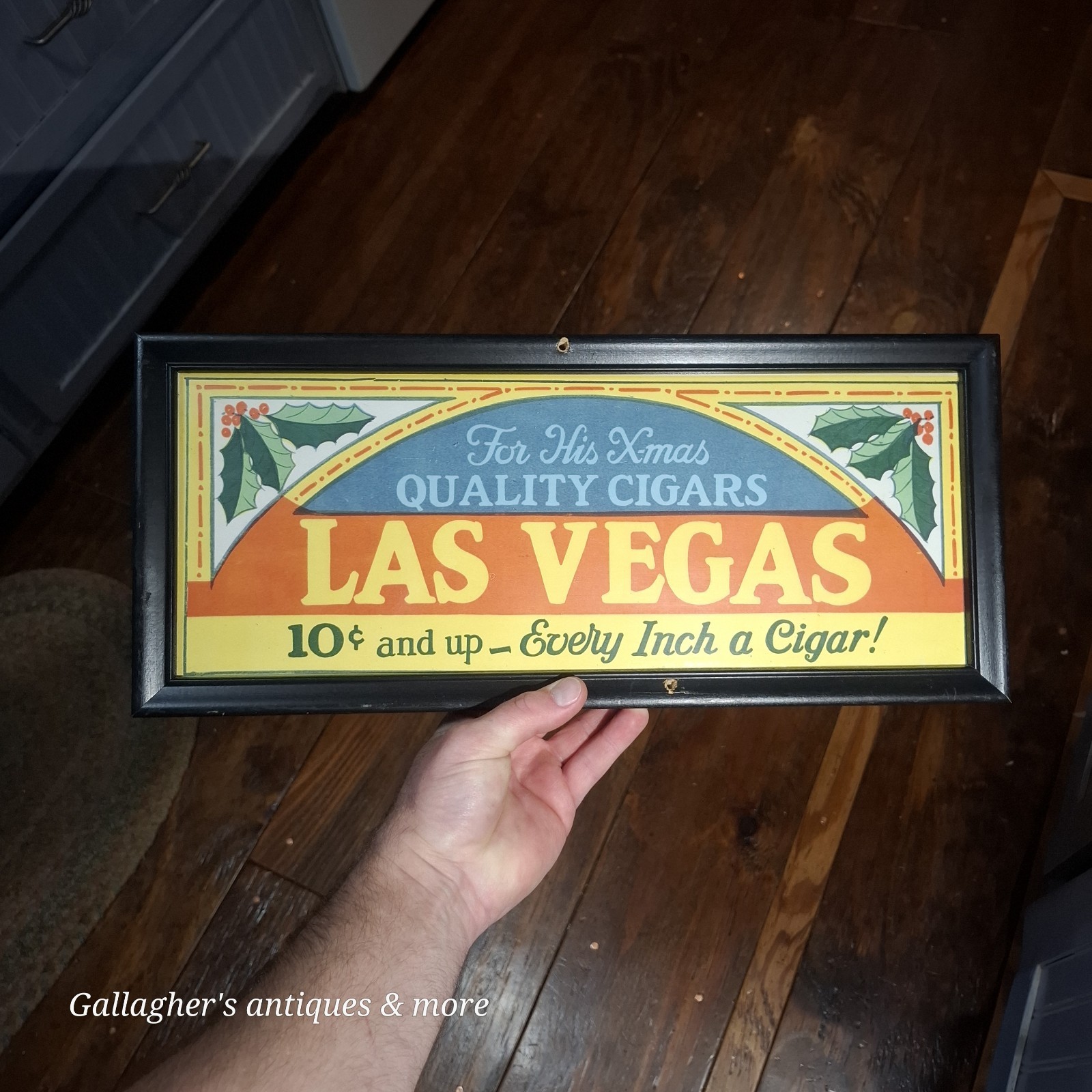 Antique 1920’s LAS VEGAS CIGAR Framed Paper Banner SIGN Original CHRISTMAS