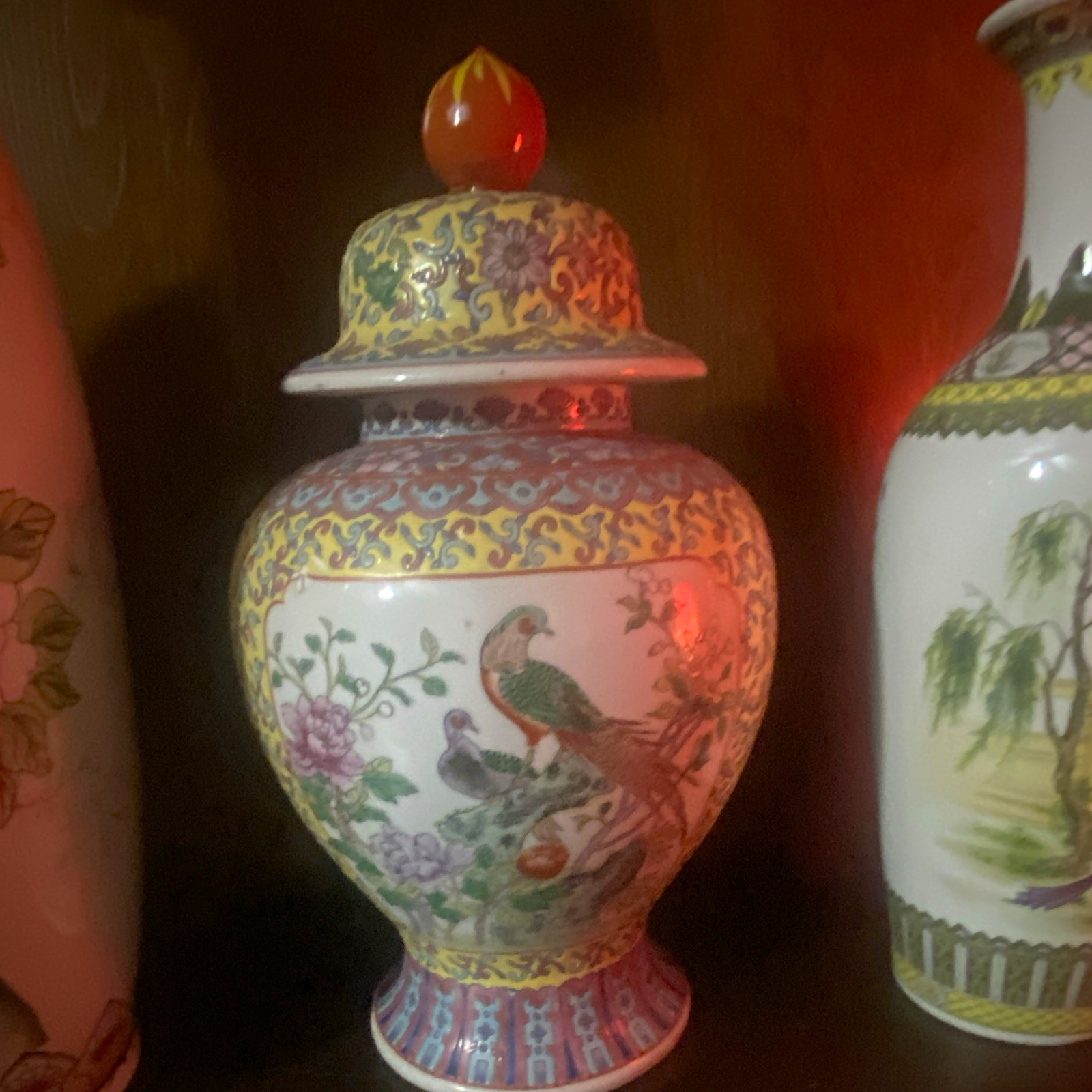 Chinese Style Lidded Porcelain Ginger Jar Vase, Multicolor Floral Bird Design