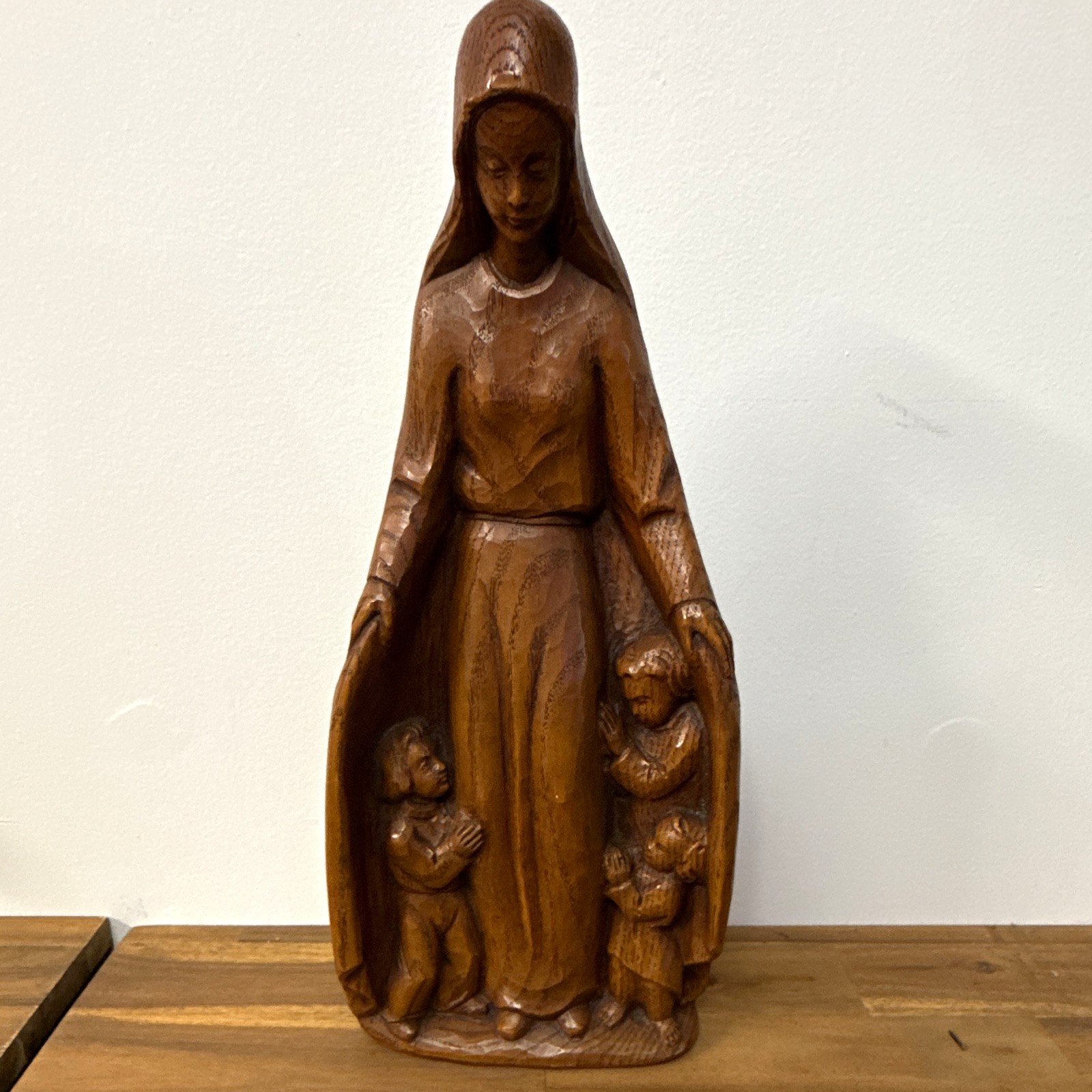 Vintage Hand Carved Wood Madonna Virgin Mary Protectress of Children Plaque 15x6