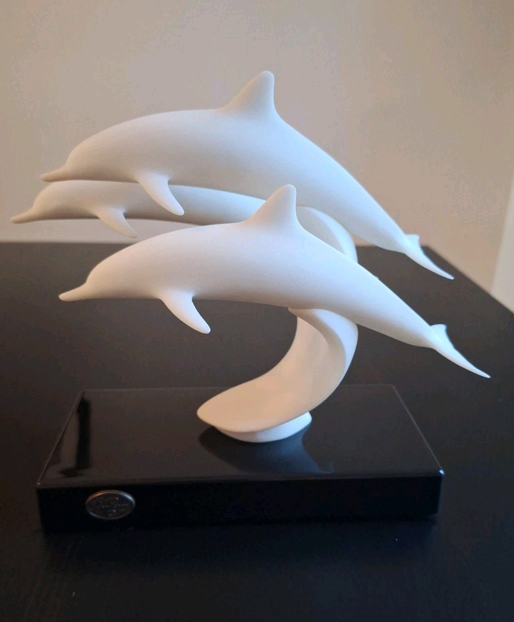 Vintage MCM  John Perry  3 White Leaping Dolphin Sculpture  Black Stand 