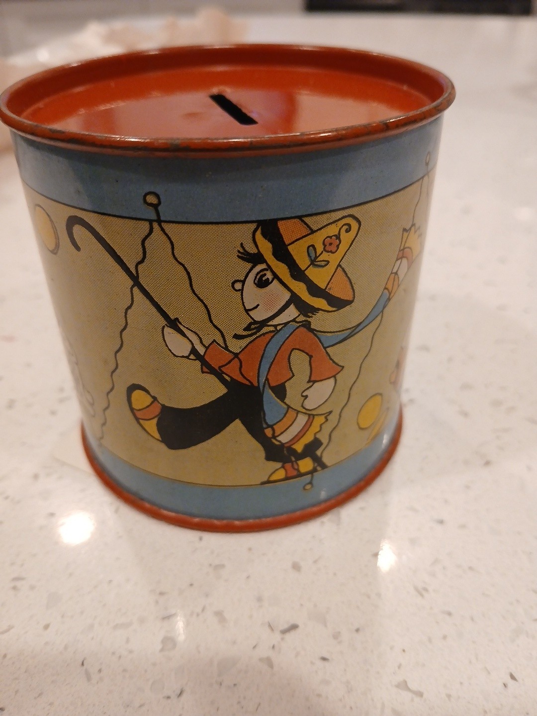 OHIO ART Vintage TIN LITHO Drum Coin Bank FERN BISEL PEAT ART Mexican Boy PINATA