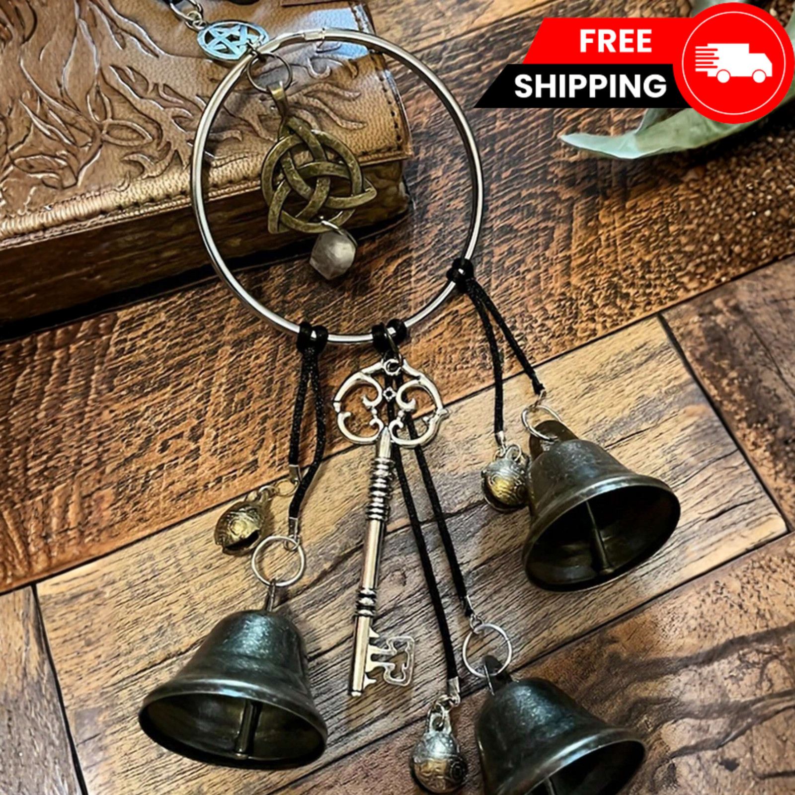 Witch Bells Protection Door Hanger Wiccan Wind Chime Pagan Pentagram Home Decor