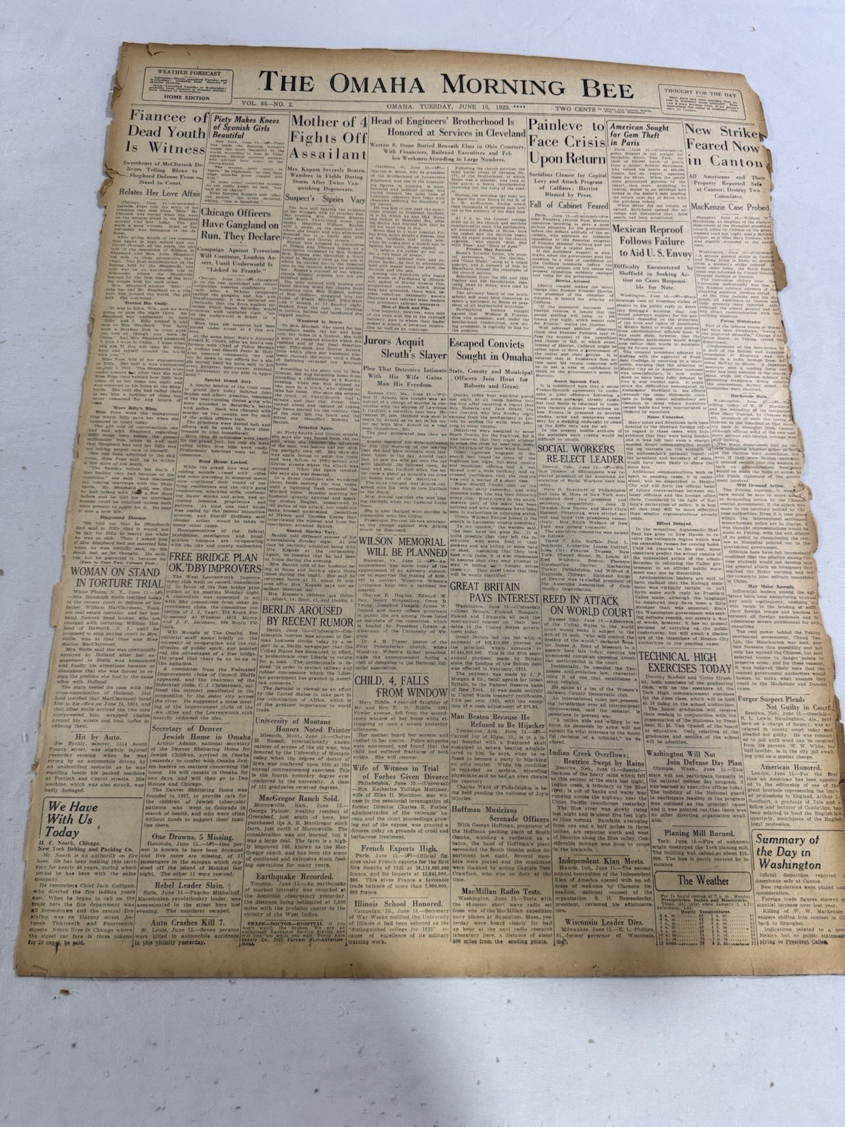 1925 The Omaha Morning Bee Original Newspaper 