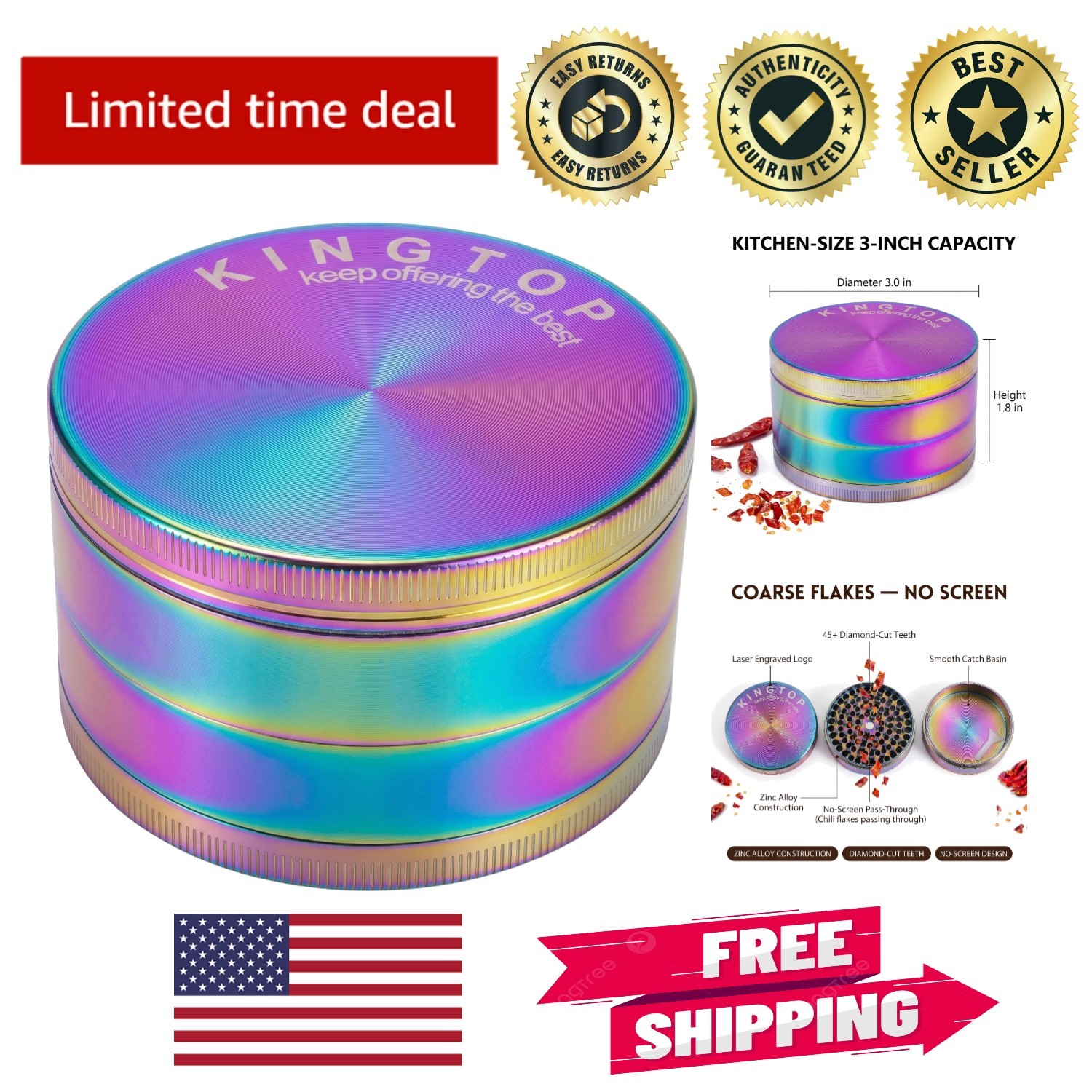 Durable 3-Inch Zinc Alloy Spice Mill with Ergonomic Handle - Manual Operation