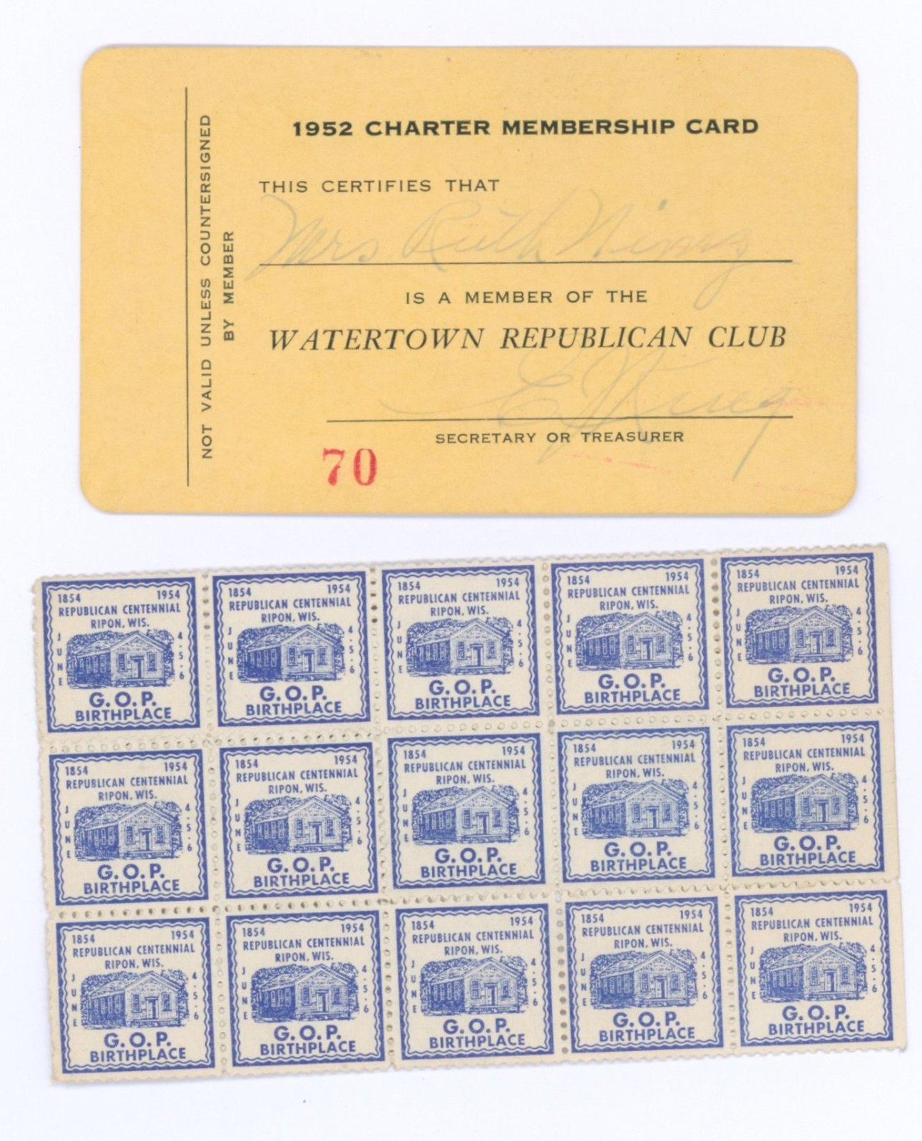 1952 Watertown Republican Club Membership Card GOP Ripon Centennial Stamp Sheets