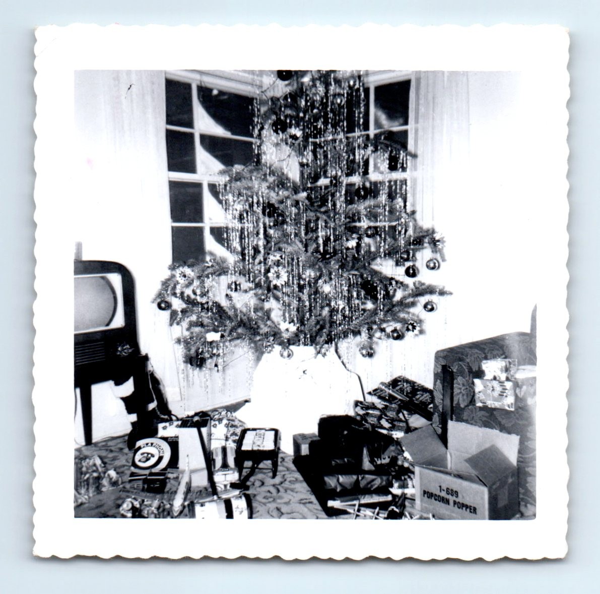 Old Vintage Square Photo CHRISTMAS TREE TELEVISION PRESENTS POPCORN POPPER