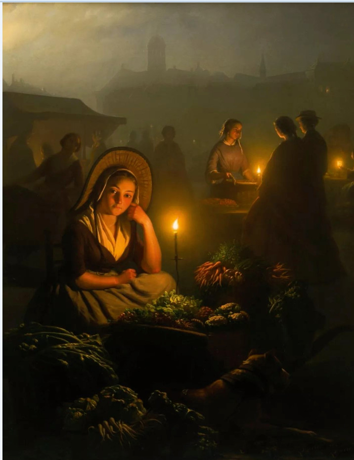 Oil painting Petrus Van Schendel Vegetable Market at night landscape
