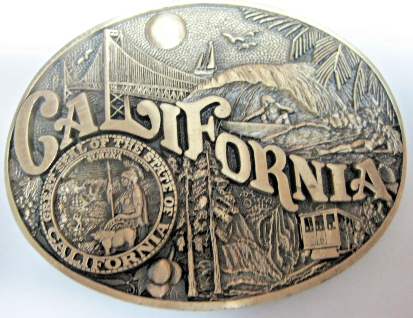 California Commemorative Buckle ADM Solid Brass, Golden Gate, Cable Car, Seal