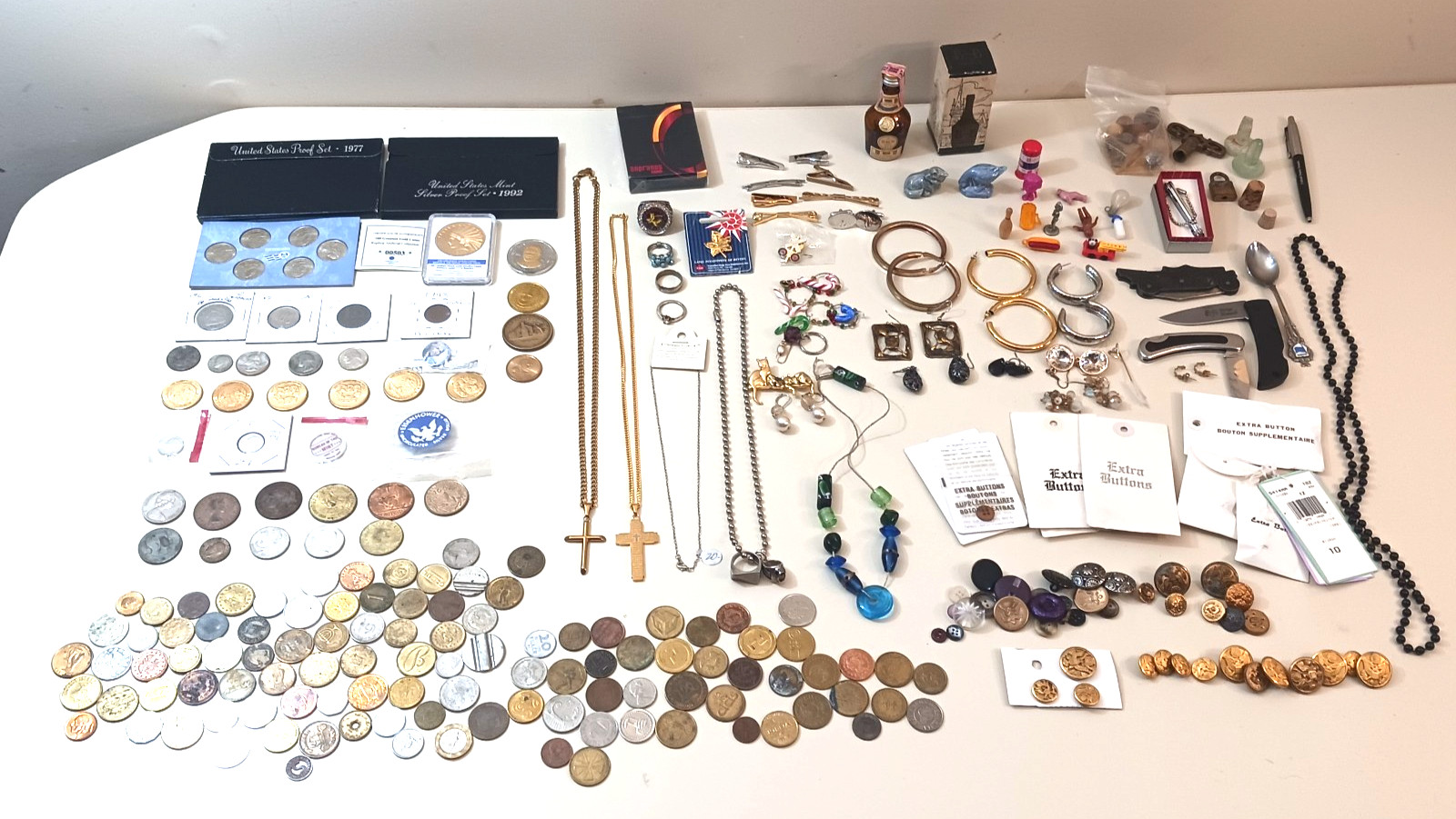 Vintage Jewelry Grandpas Estate Junk Drawer Lot Buttons Coins Cross Knives Token