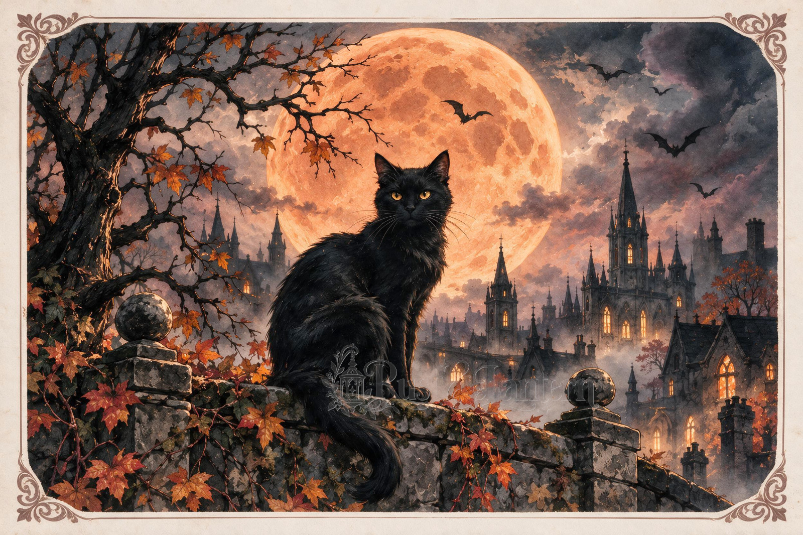 Moon Cat - Halloween Postcard 4x6 Gothic Art Rust & Lantern Original
