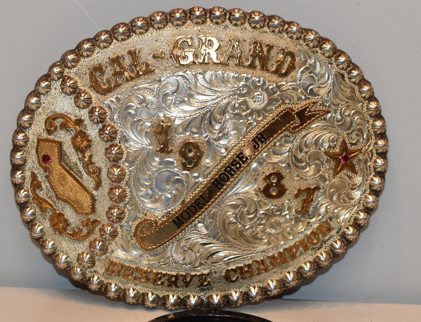 Vintage 1987 Cal-Grand Reserve Champion Model Horse JR Broken Horn Buckle Cali..