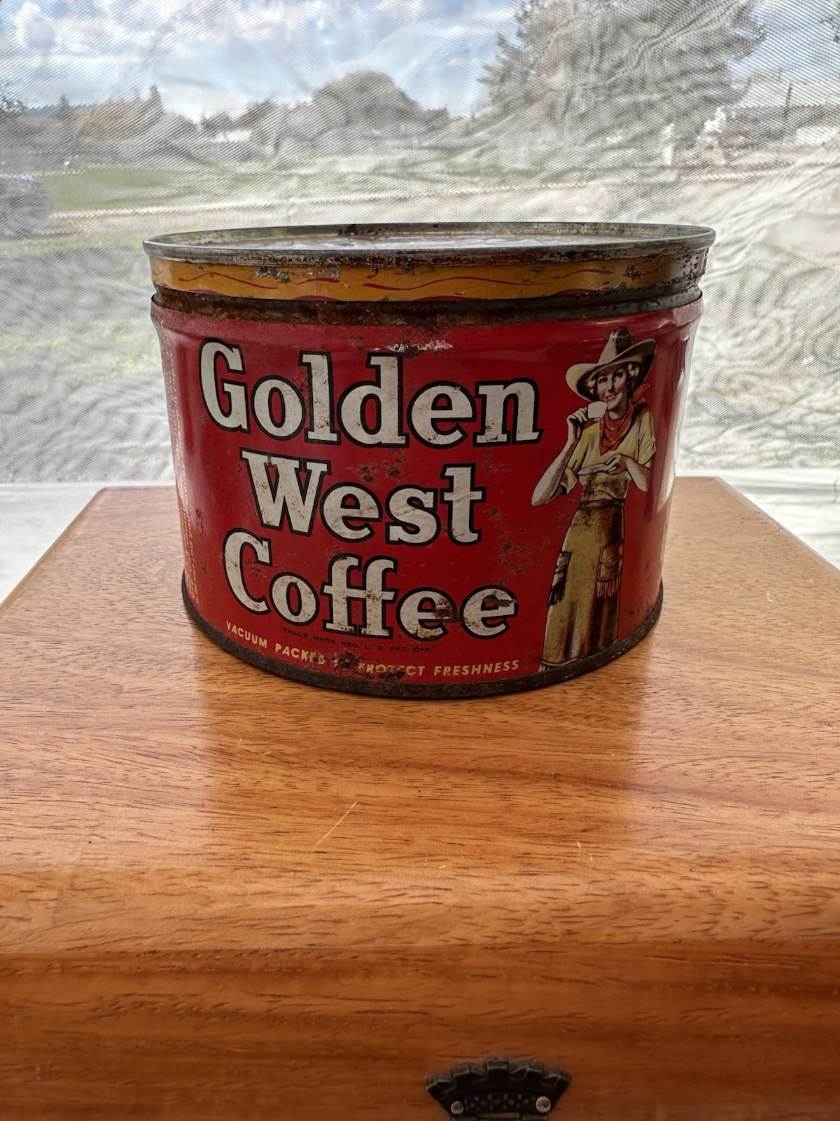 Vintage Golden West Coffee Drip Grind Cowgirl Portland Seattle SF LA Antique Tin