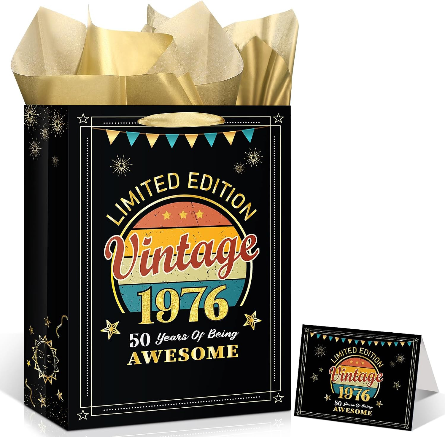 Vintage 50Th Birthday Gift Bags for Women Men Black Gold 1976 Gift Wrap Bags wit