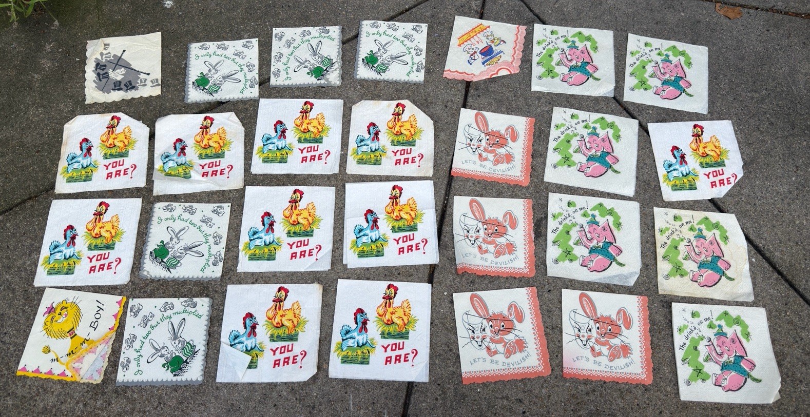Lot of 28 Vintage Cocktail Napkins Paper Ephemera Suggestive Lewd Humor Jokes