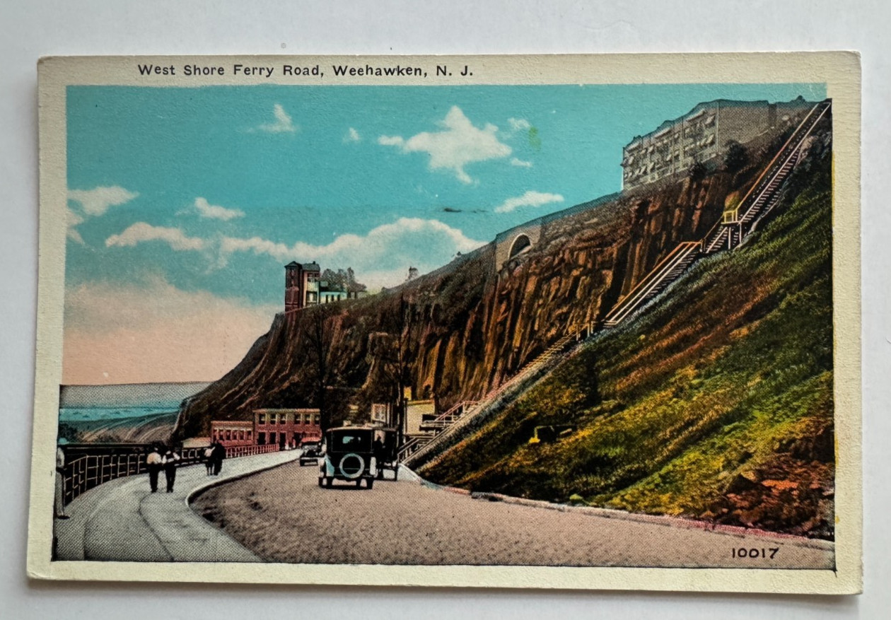 ca 1920s NJ Postcard Weehawken New Jersey West Shore Ferry Road vintage cars