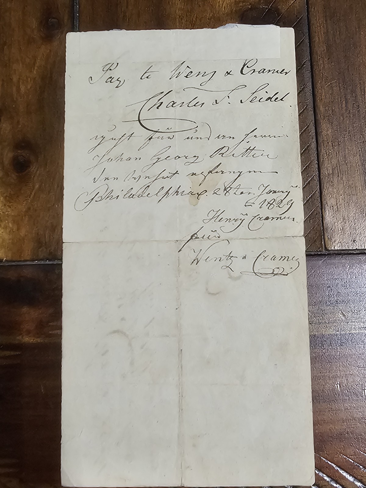 1828 Signed Carl Gock PA German Note John George Ritter Seidel Cramer
