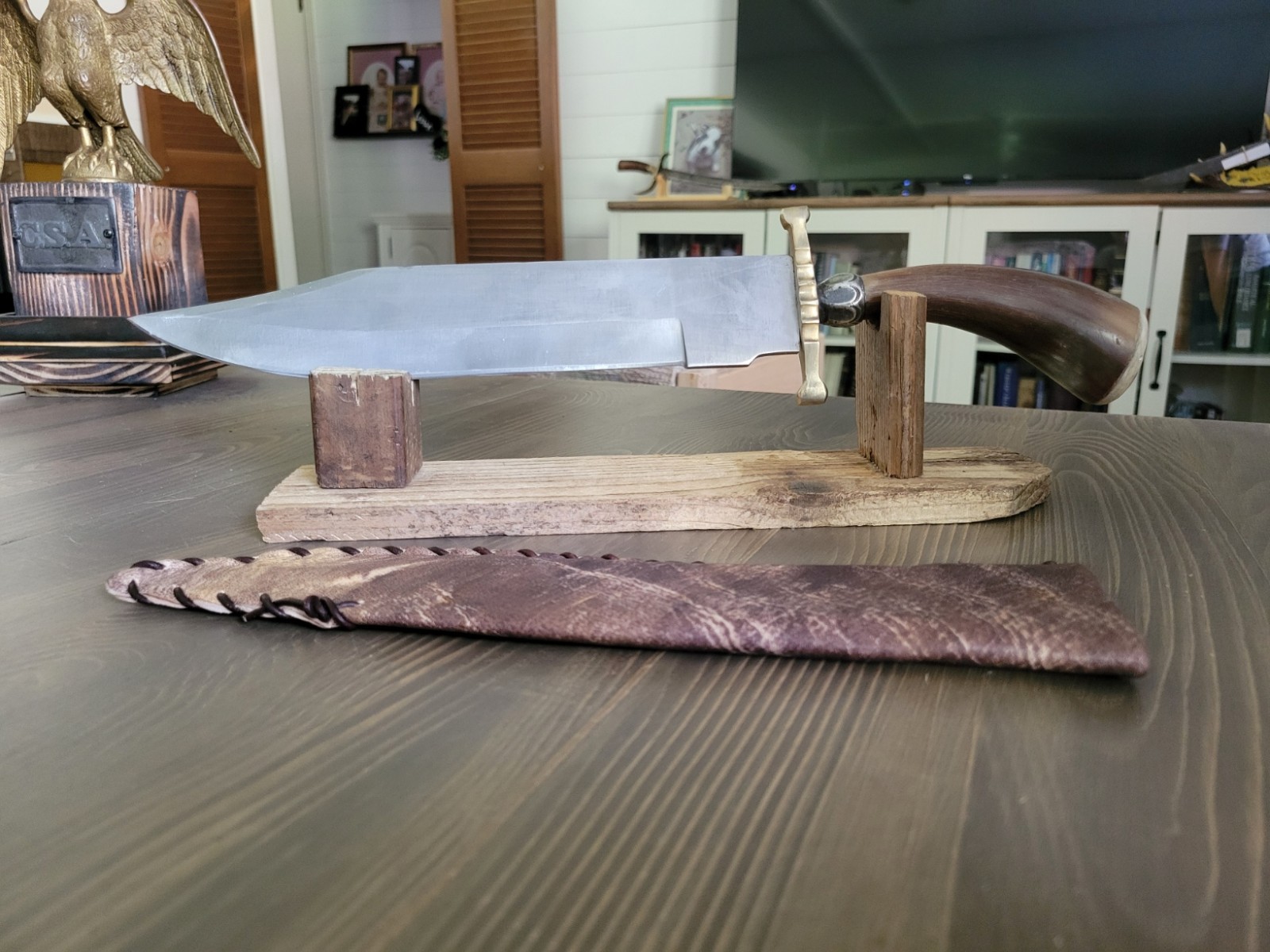 Custom Made Bull Horn Bowie Knife w/Custom Deer Skin Sheath by Philip Adams