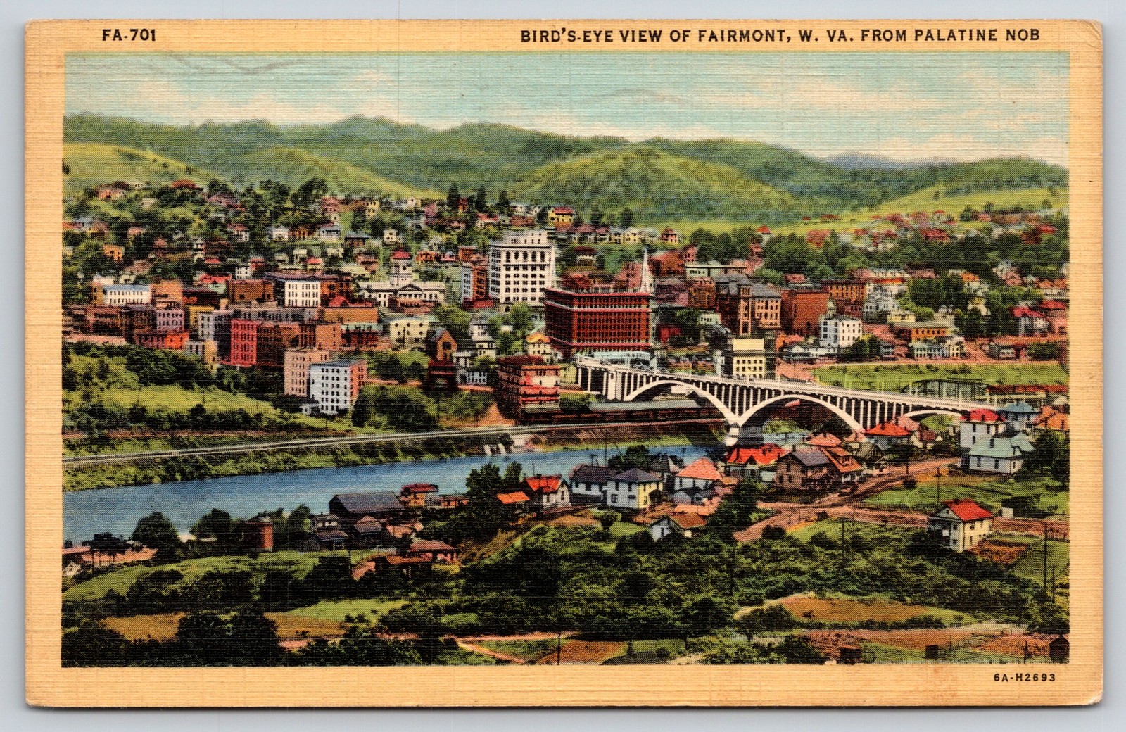 Fairmont West Virginia~Palatine Nob Birds Eye View~Bridge~Skyline~Linen 1943 PC