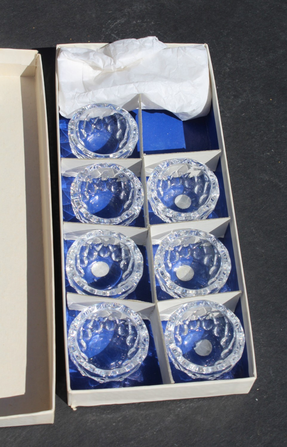 7 Vintage Val St Lambert Crystal Salt Cellars and 6 Spoons Original Box, Belgium