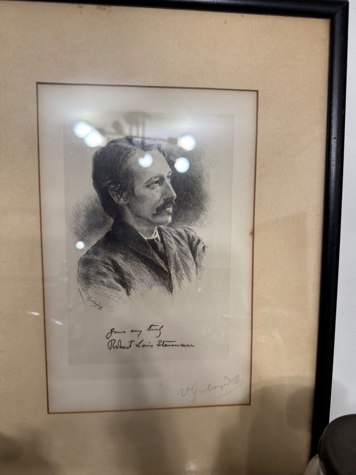 Antique Robert Louis Stevenson Portrait Etching w/ Signed Inscription Framed