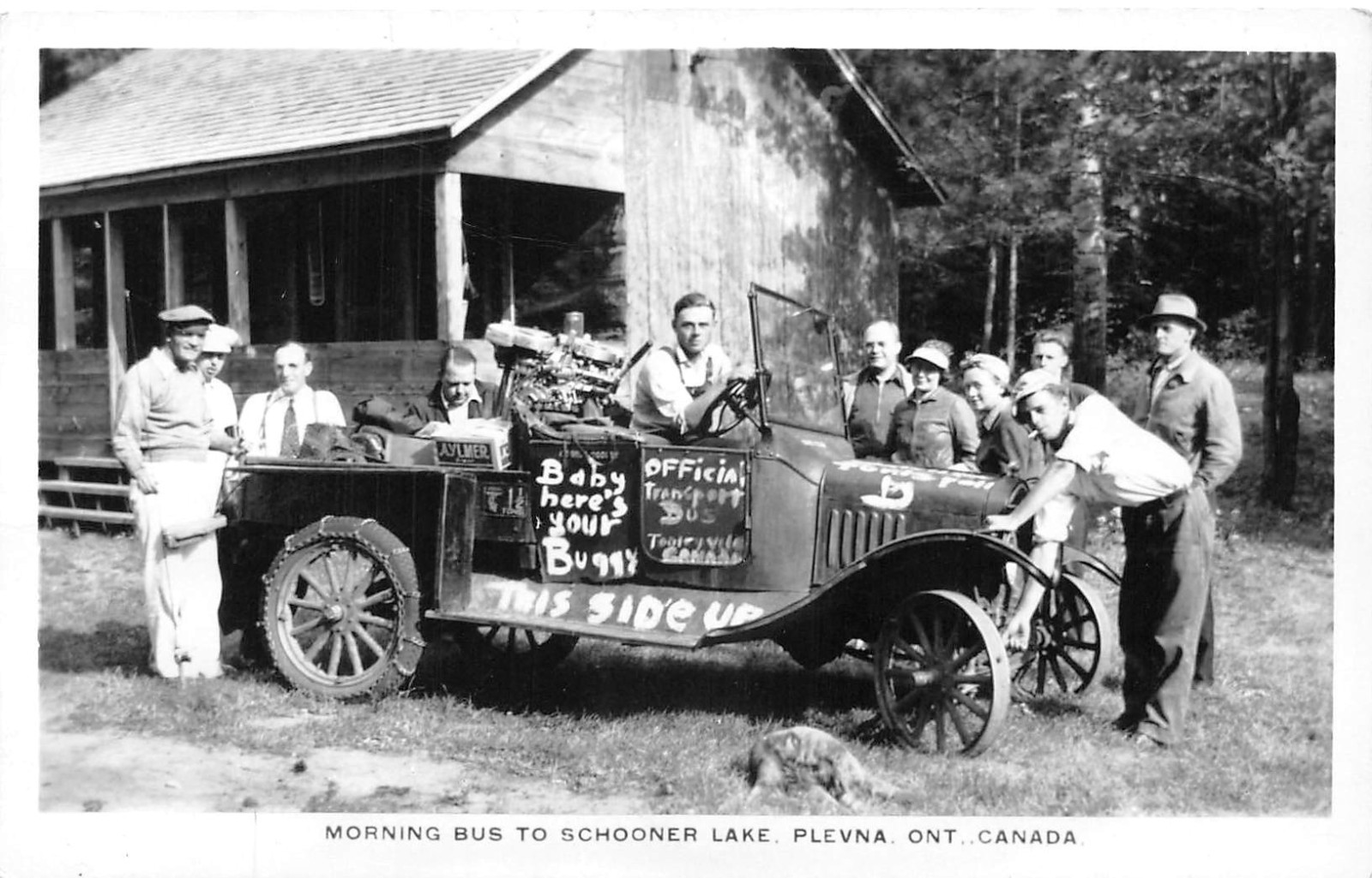 RPPC Plevna Ontario Canada Morning Bus To Schooner Lake 1930s Photo Postcard