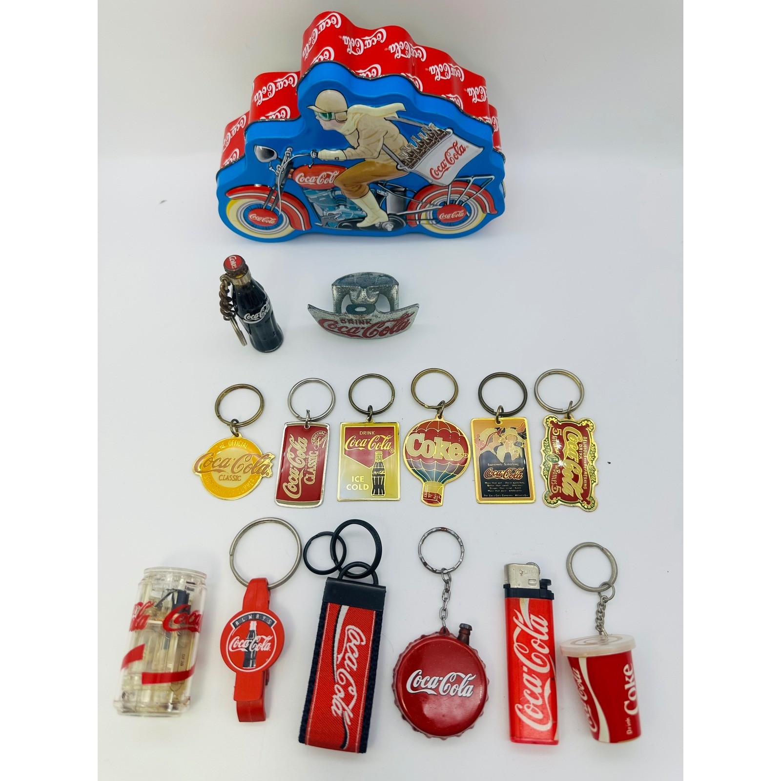 Vintage Coca-Cola Memorabilia Lot Motorcycle Tin Keychains Lighter Bottle Opener