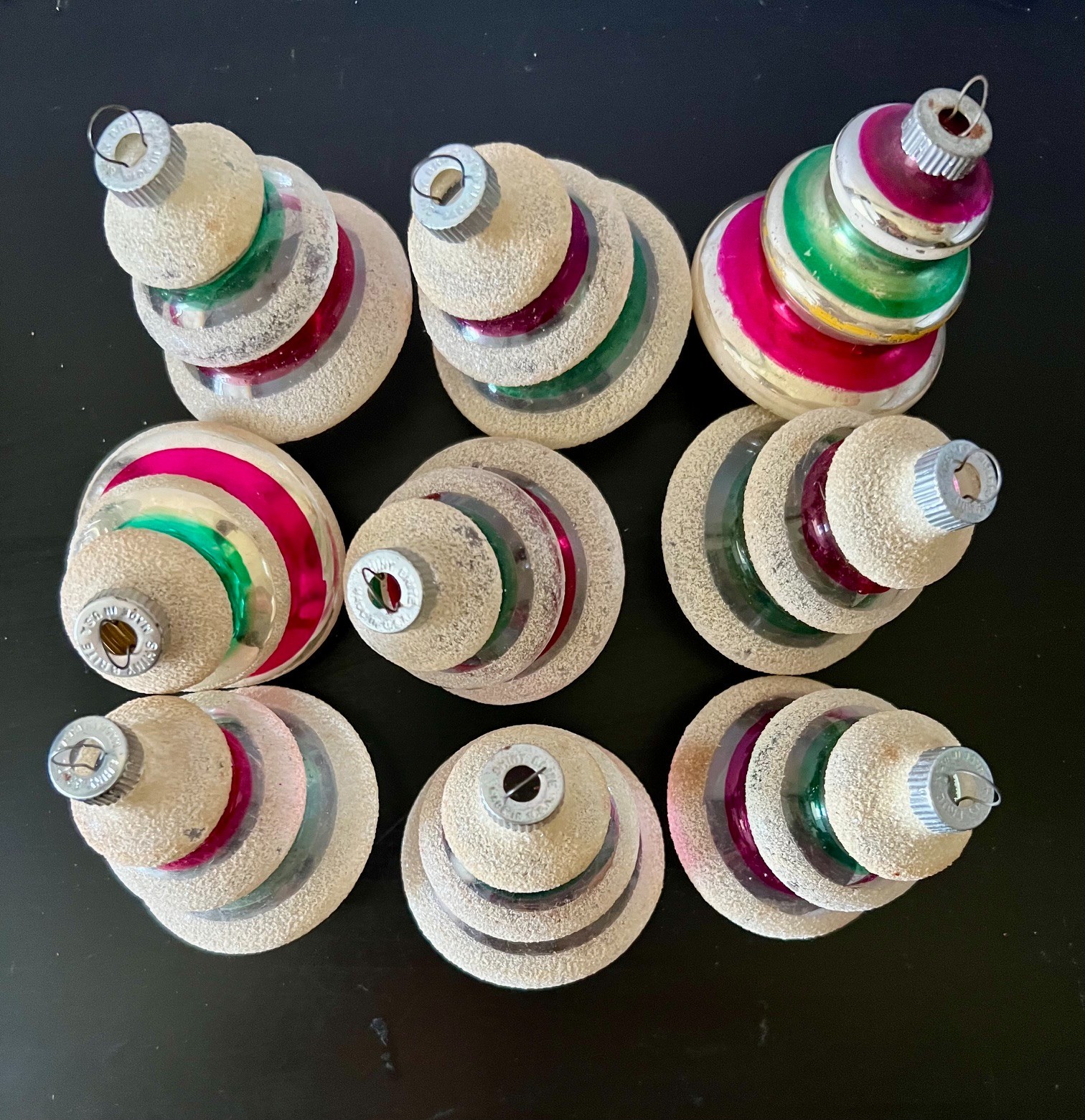 9 Vintage Shiny Brite Glass Christmas Ornaments UFO Tornado Lantern Stripes 3”