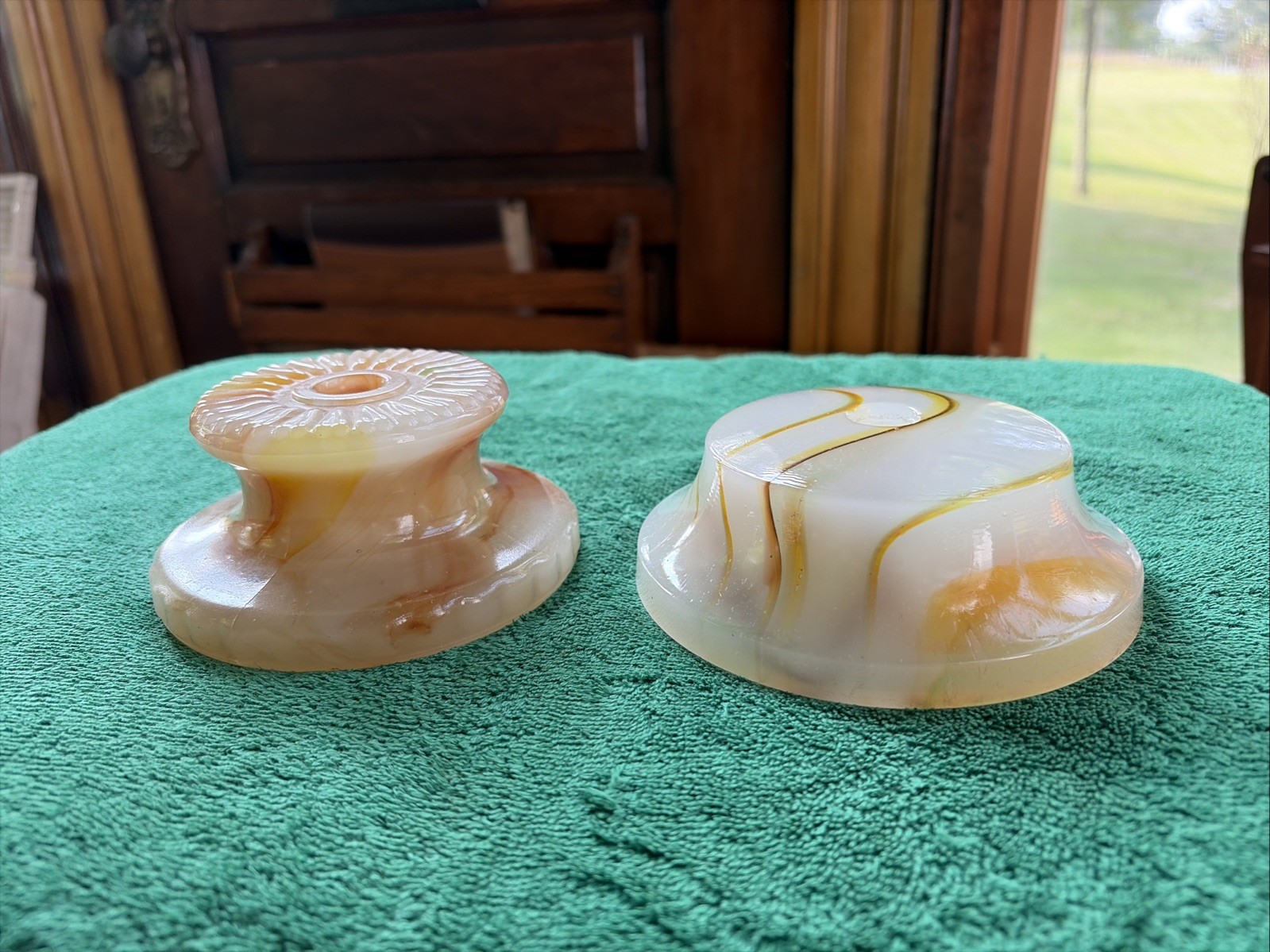 Two Salvaged Art Deco Akro Agate Glass Lamp Spacer Parts, Orange Glows, Free S/H