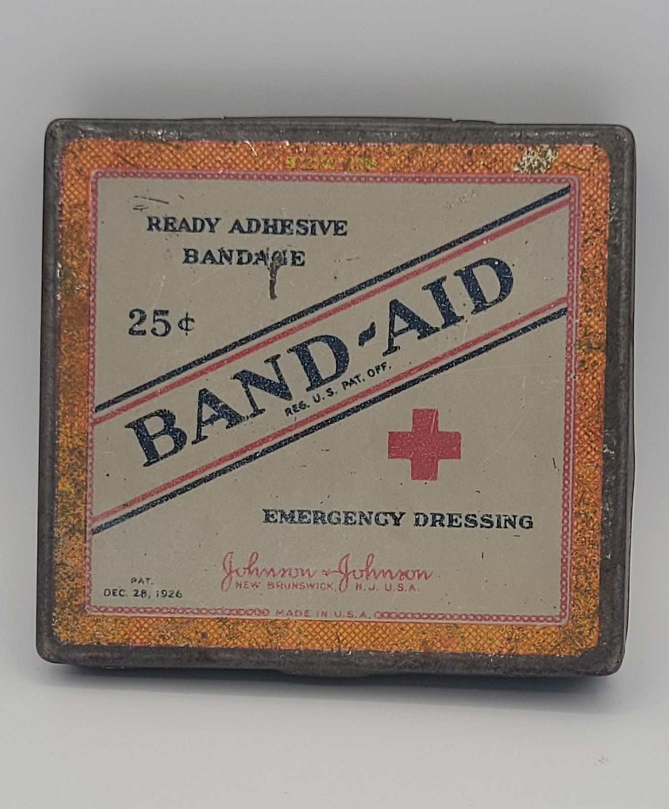 Vintage 1920's Band-Aid Bandage Hinged Tin Can Red Cross Johnson & Johnson RARE 