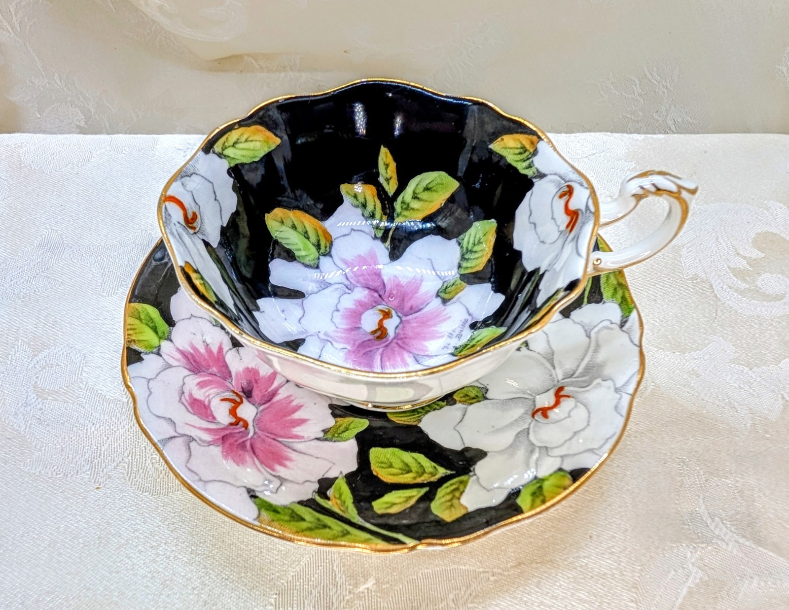 Vintage Paragon Gardenia Hand Painted Teacup Saucer Double Warranted Black Pink