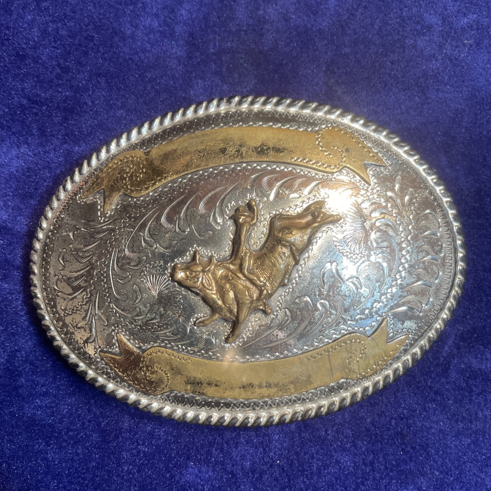 Vintage Alpaca Mexico Western Belt Buckle Bull Rider Two Tone