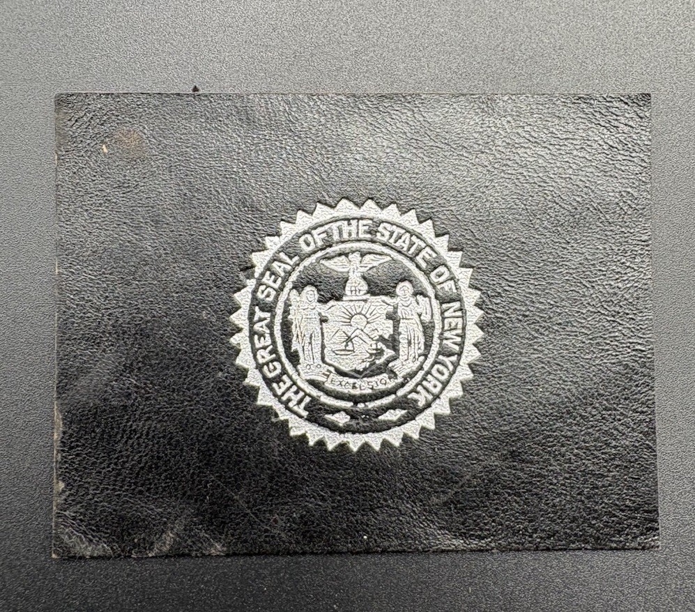 c1910 L23 New York Great State Seal Tobacco Leather Antique Black Silver