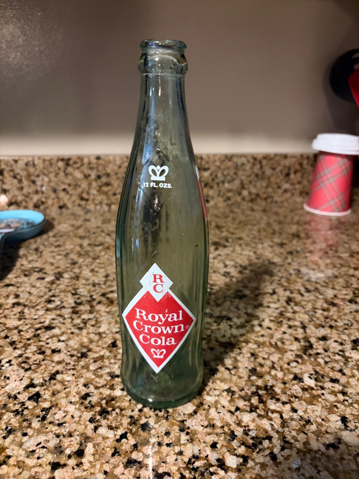 Vintage Royal Crown Cola 12 oz Glass Bottle, Red Diamond RC ACL, Crown Logo