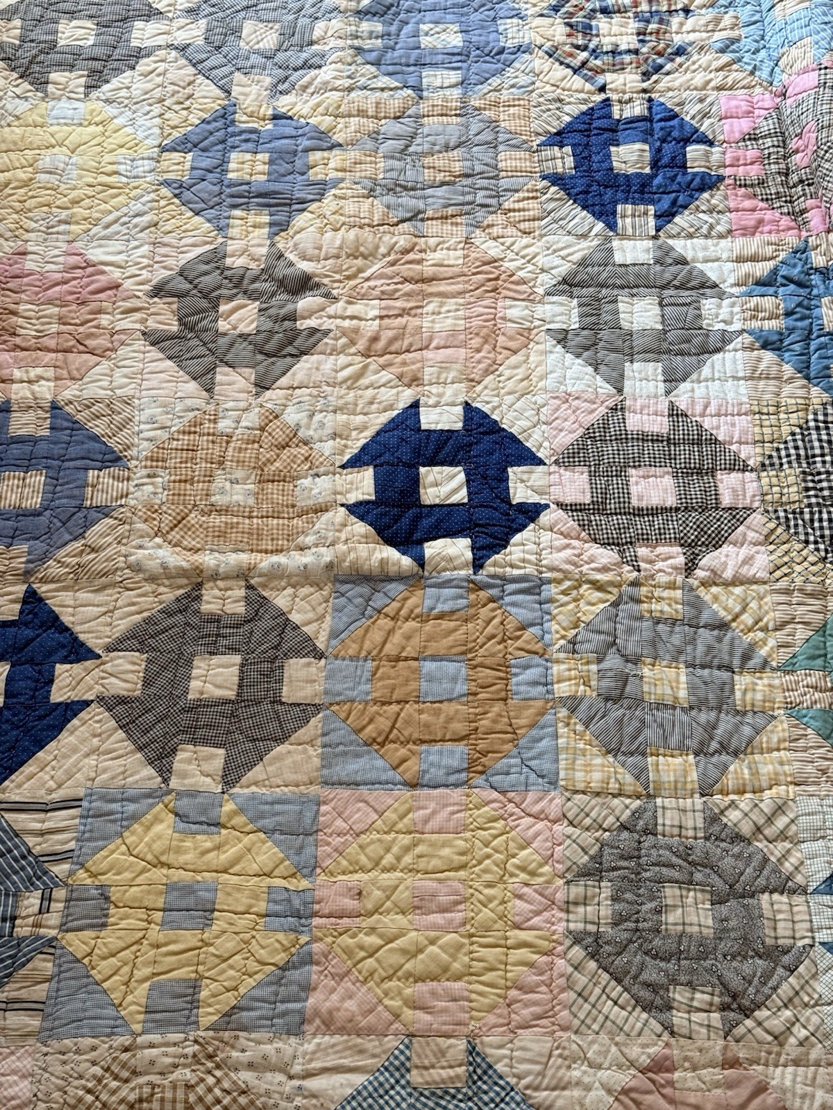 Antique 30s Churn Dash Quilt Cotton Calico Gingham Depression 83x66 Hand Made US