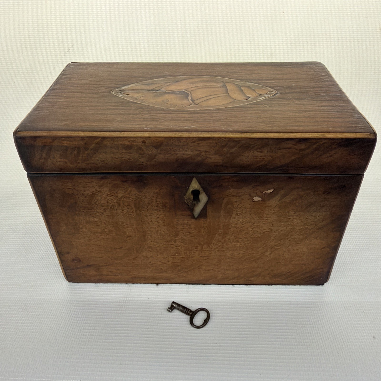 Antique Georgian Inlaid Design Two Compartment Tea Caddy With key