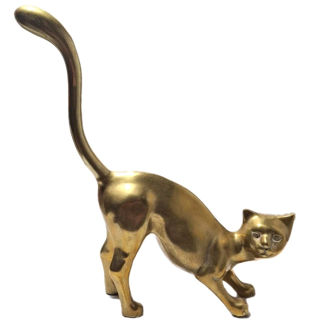 Vtg MCM Solid Brass Cat Figurine Large 15