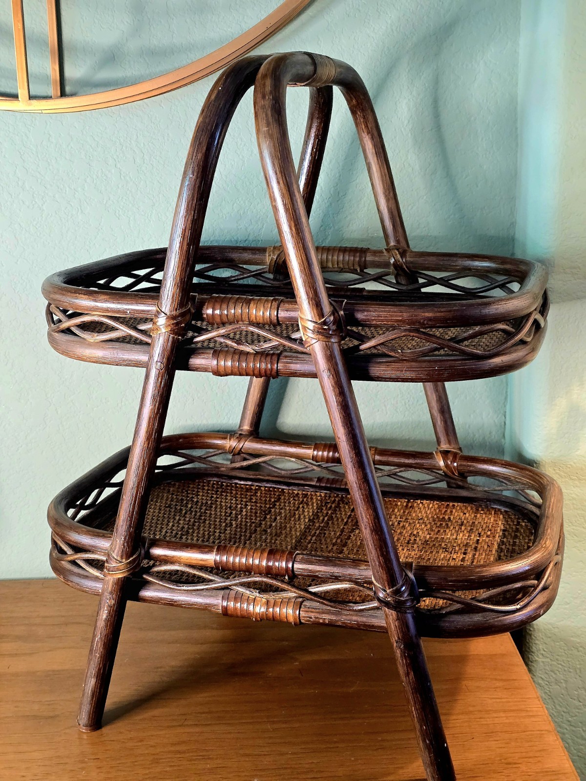 Vtg Large MidCentury 2-Tier Rattan Bamboo Stand Countertop Server Boho MCM 23\