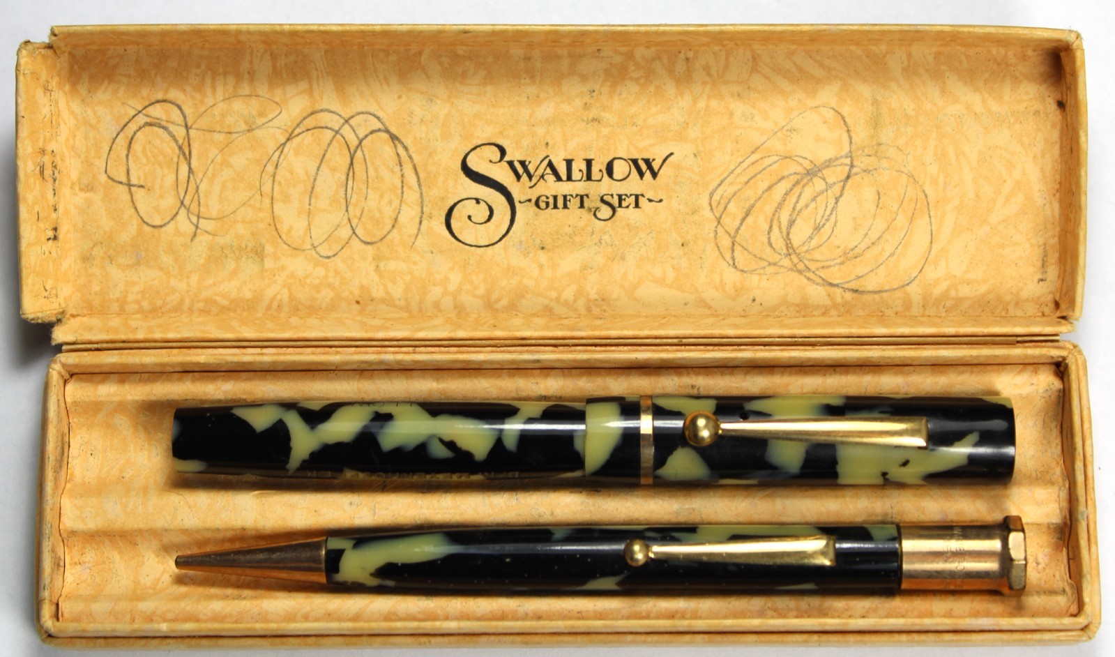 Mabie Todd Swallow Marble Lever-Fill Fountain Pen & Pencil Set w/ Box - Vintage
