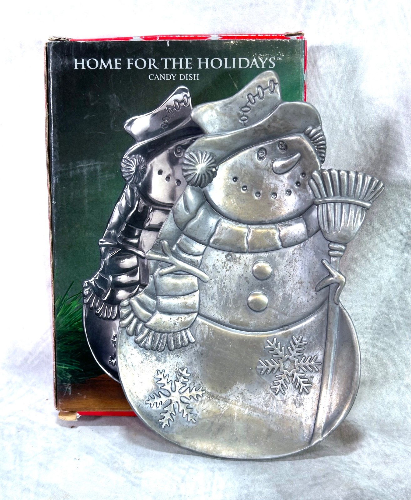 Vtg 1999 Home For The Holidays Pewter Finish Metal Snowman Candy Dish In Box