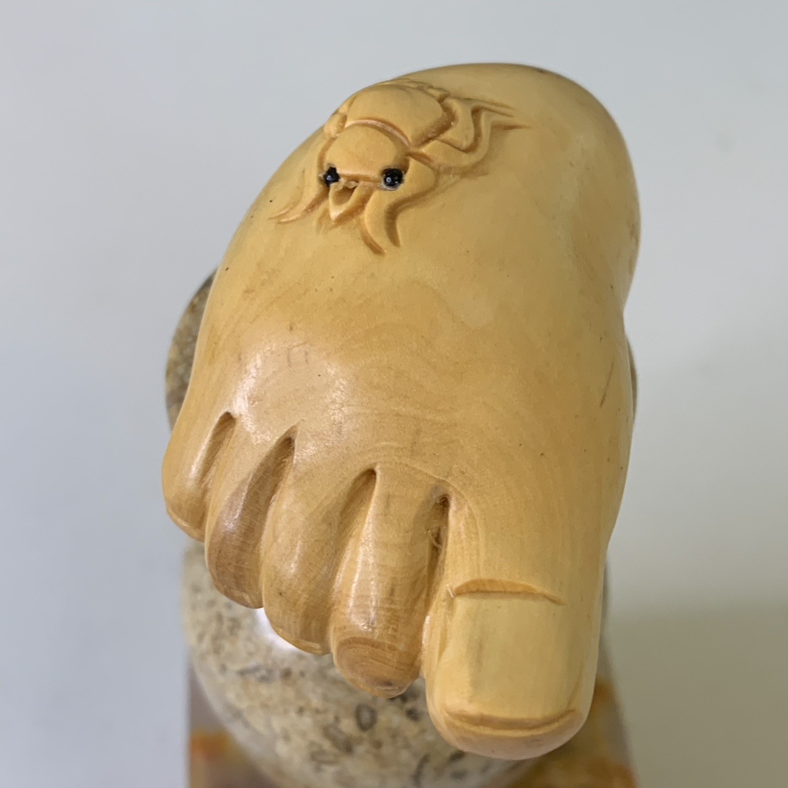 Vintage Netsuke Human Foot With Spider Carving Boxwood Hand Carved Figurine 2.5