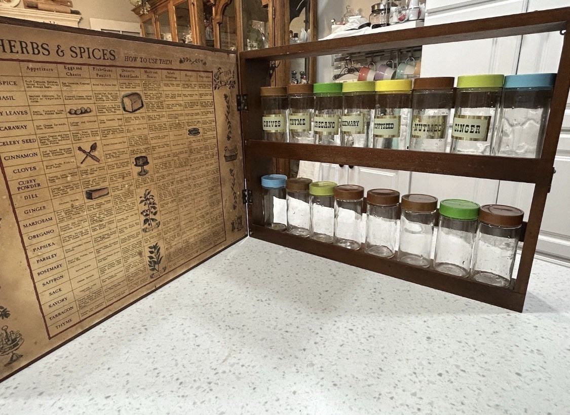 1970’s Three Mountaineers Spice Two Tier Cabinet With 16 Spice  Bottles