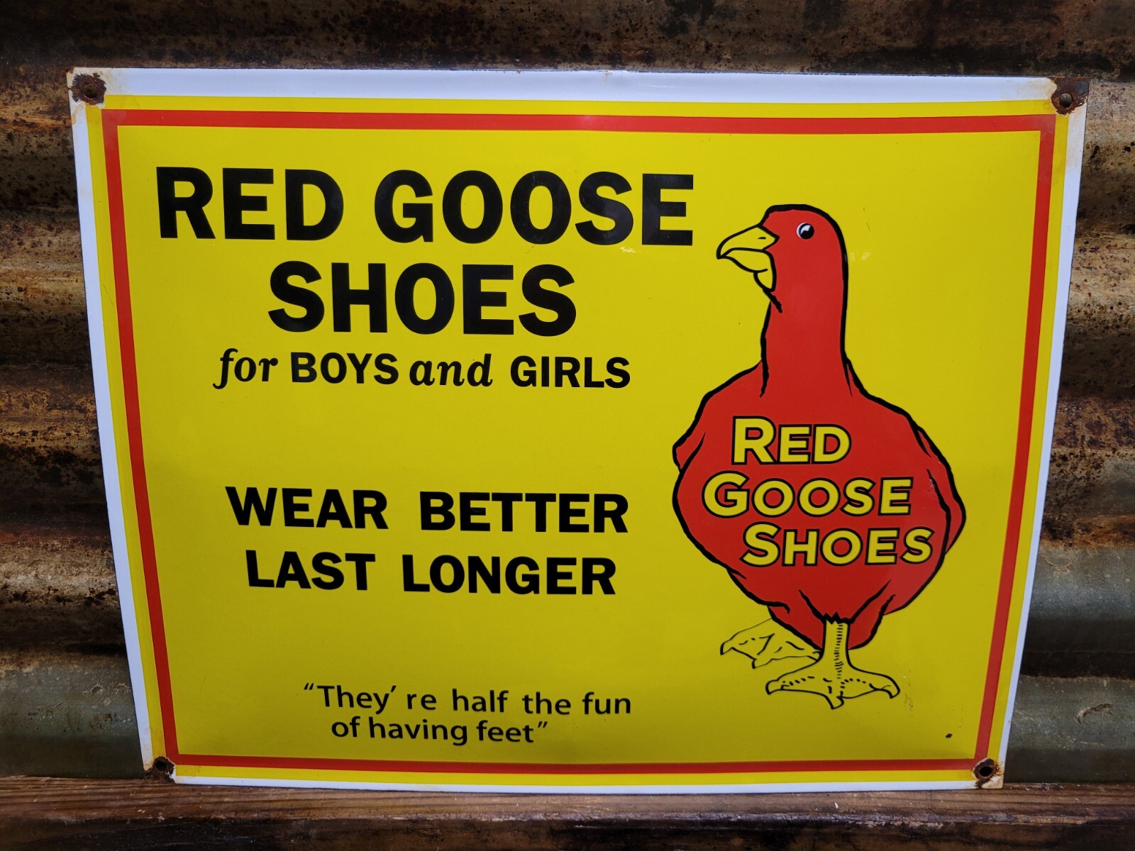 VINTAGE RED GOOSE PORCELAIN SIGN OLD BOY GIRLS SHOES FOOTWEAR CLOTHING BOOTS 17