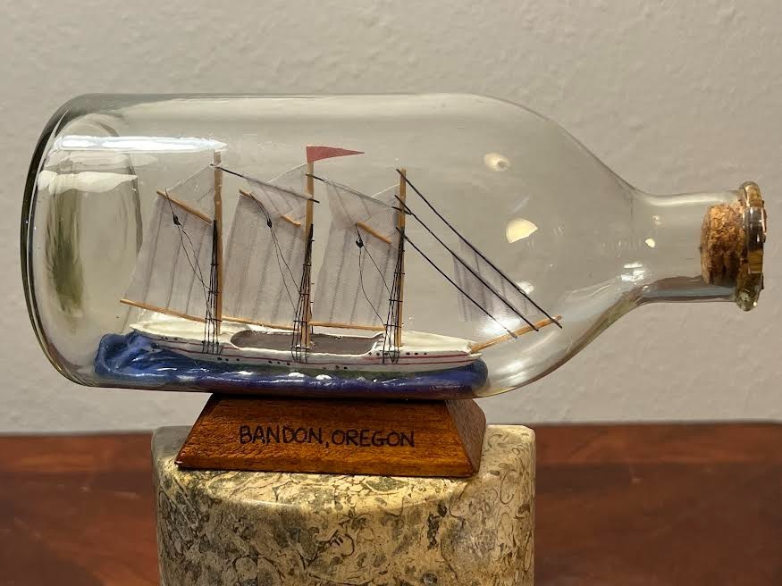 Three-Masted Sailing Ship in Glass Bottle – Bandon Oregon Souvenir – Wooden Stan