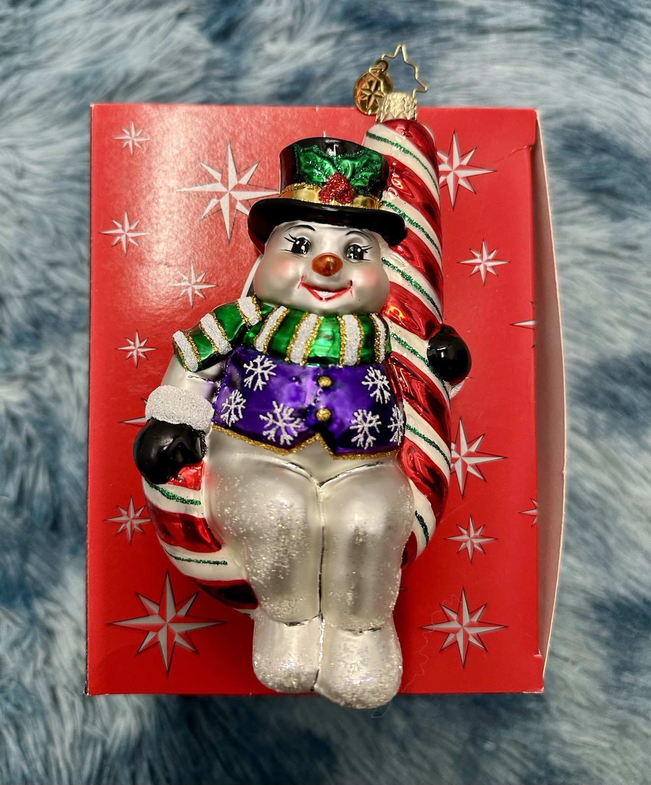 Vintage christopher radko christmas ornament Snowman Swinging On Candy Cane