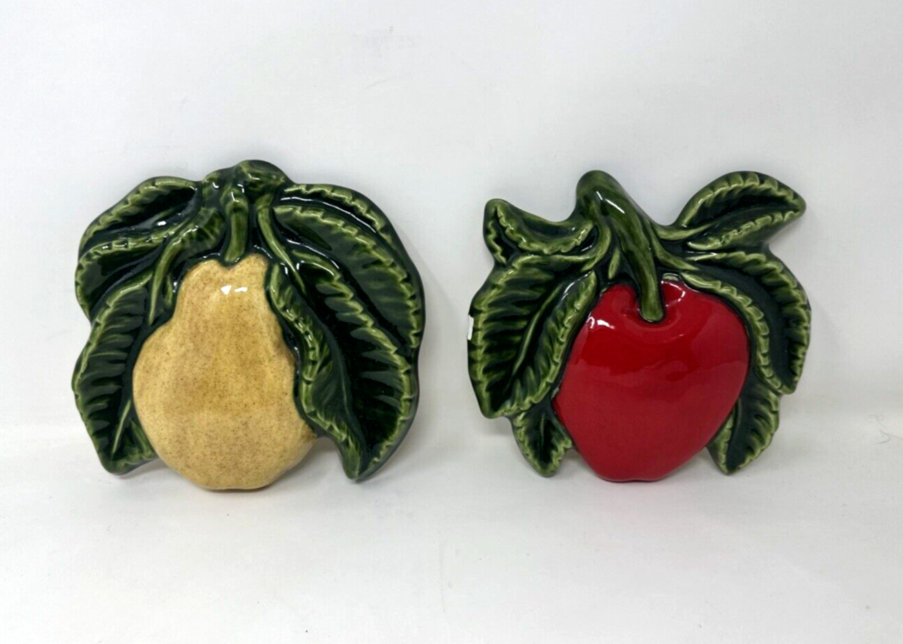 2 Vtg MCM Pear Apple Green Leaves Wall Decor Chalkware Molds Hand Painted CHIPS