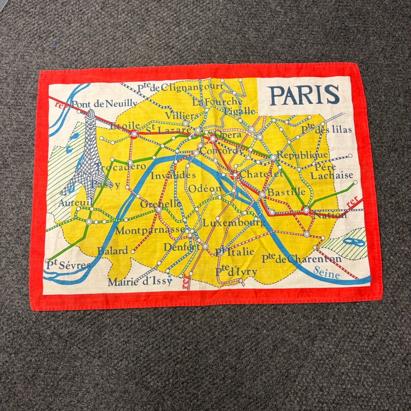 Vintage Paris Metro Map Souvenir Scarf Red Border Eiffel Tower Subway Art 24x18